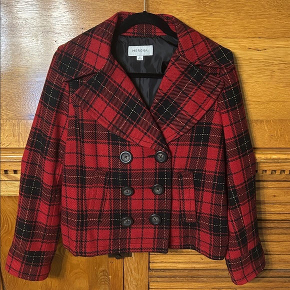 Merona Jackets & Blazers - Merona Women’s Double-breasted Pea Coat Red Plaid  Wool Lined Size Medium